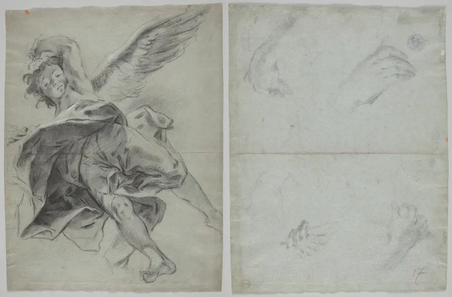 A Flying Angel (recto); Studies of Hands Playing Instruments (verso)