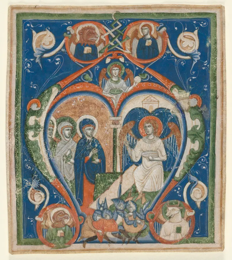Initial A[ngelus Domini descendit] from an Antiphonary: The Three Marys at the Tomb