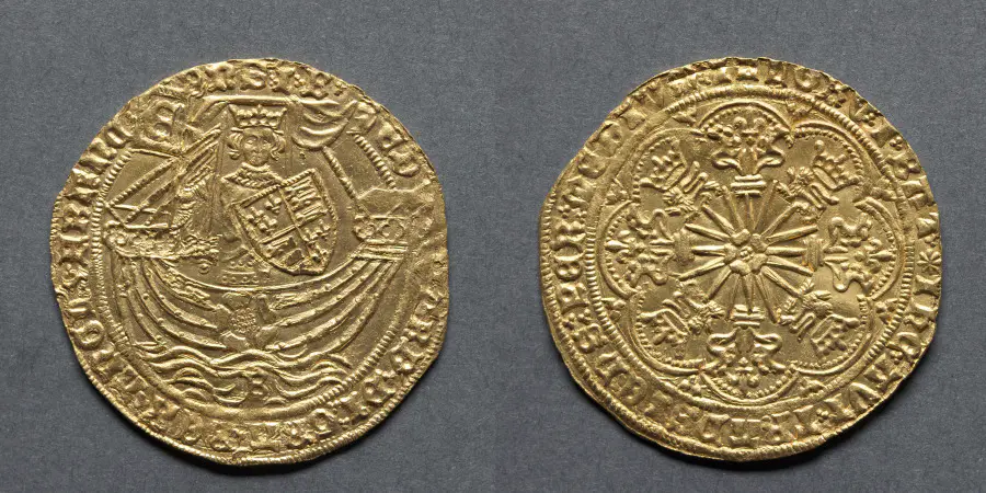 Ryal: Edward IV in Ship with a Shield of Arms and Rose (obverse); Sun with Fleurs (reverse)