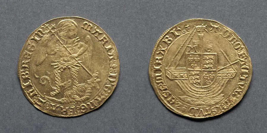 Angel: An Angel Slaying a Dragon (obverse); Ship with Shield of Arms (reverse)