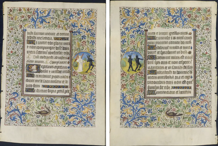Leaf from a Book of Hours: Office of the Dead: Angel Chasing a Devil (recto) and Two Devils (verso)