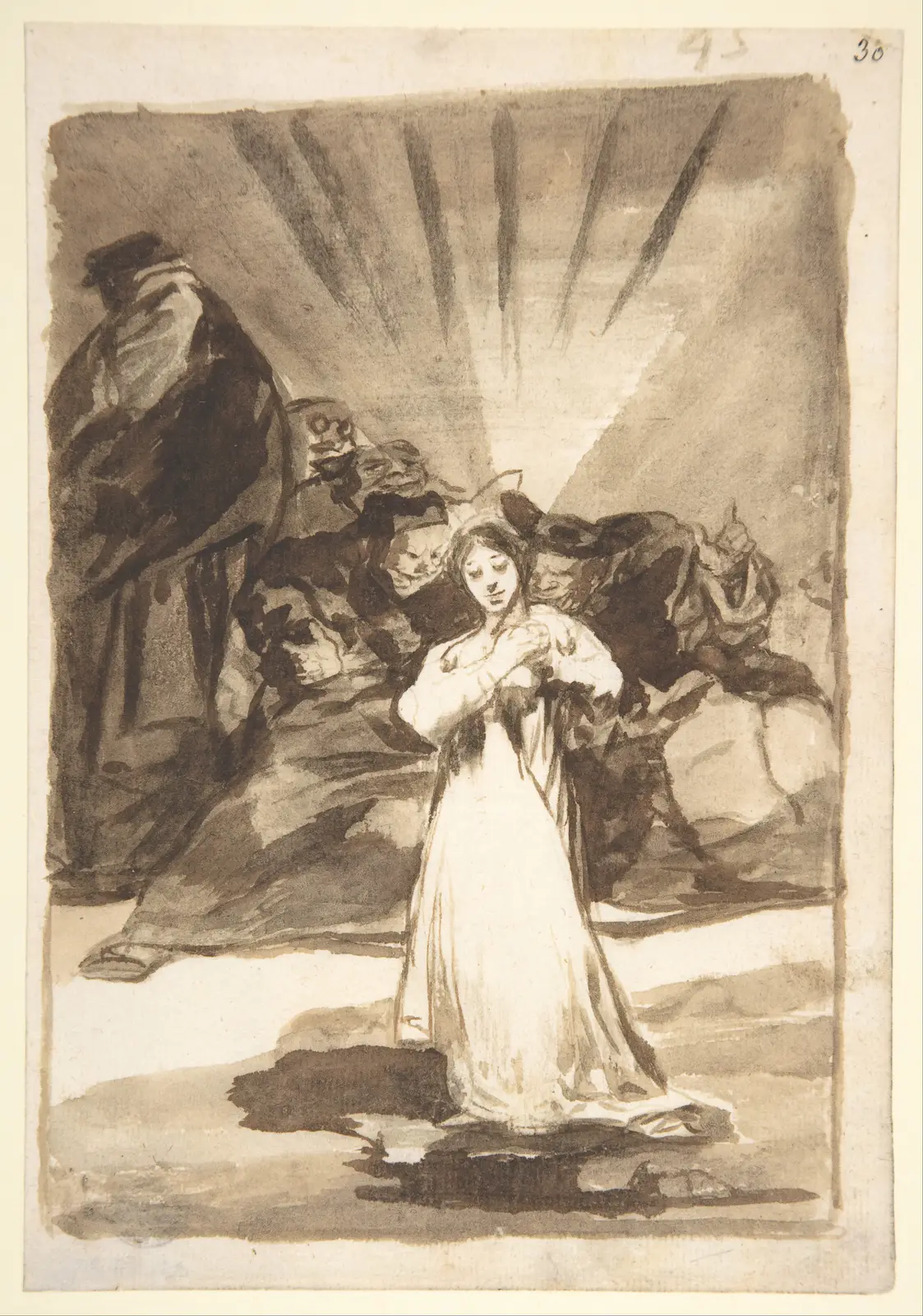 A radiant female figure beset by dark spirits; page 45 from the "Images of Spain" Album (F)
